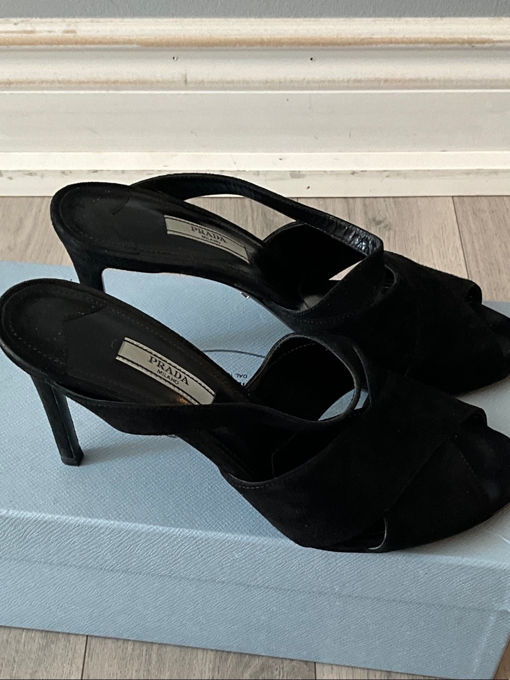 Prada Black Suede Crisscross Open-Toe Slingback Heels - Picture 2 of 5